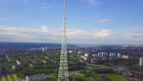 aerial view of a radio tower in a city