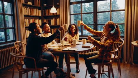 friends celebrating in a cozy library