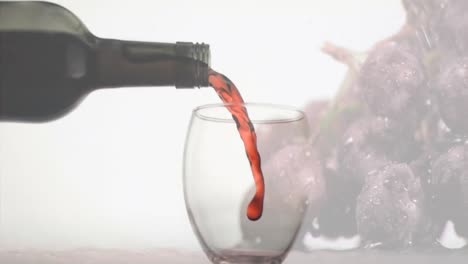 animation of red wine pouring into glass on background with grapes