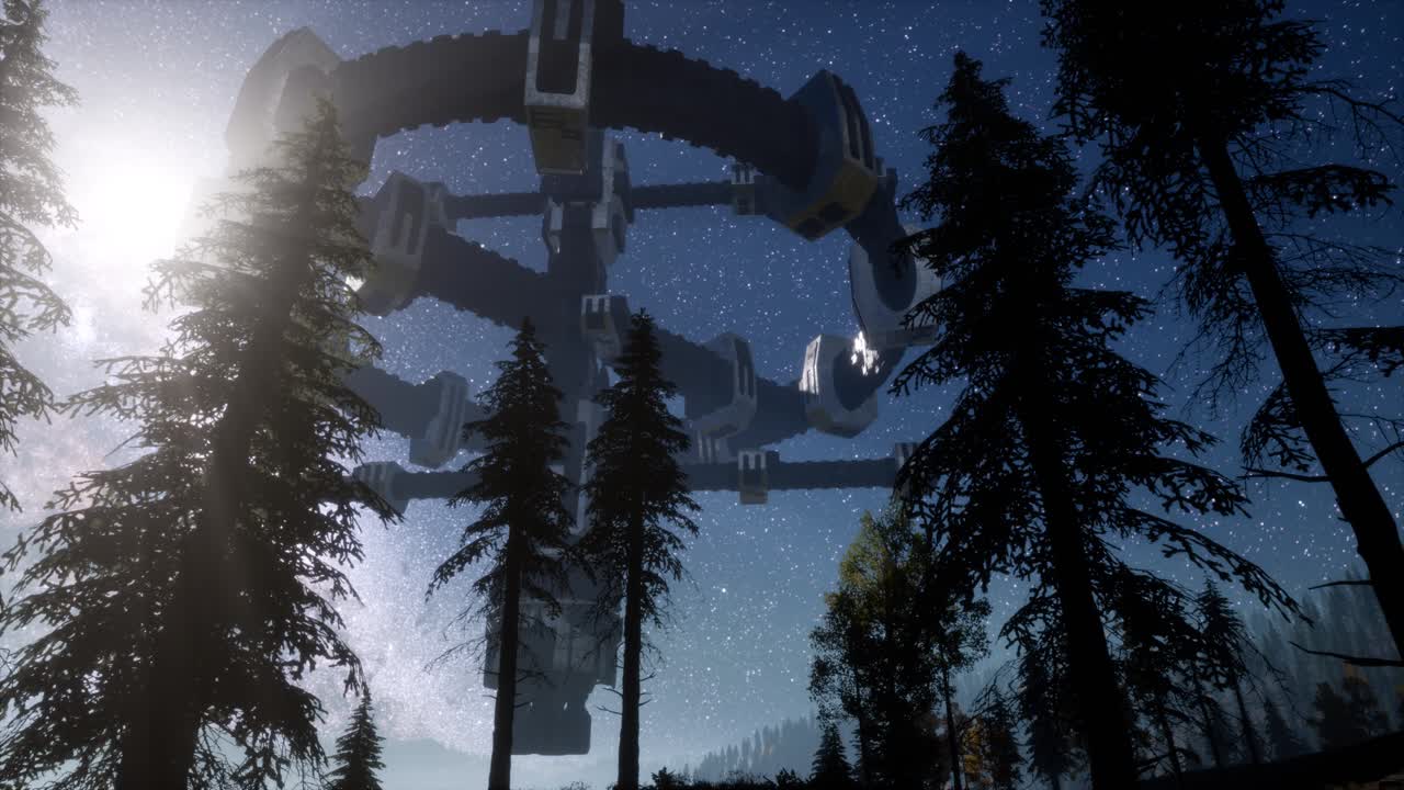 UFO hovering over a forest at night