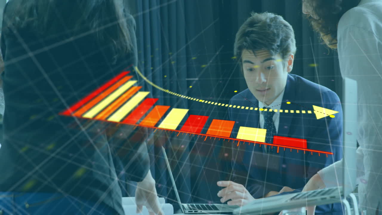 Discussing data, business team analyzing bar graph animation in office meeting