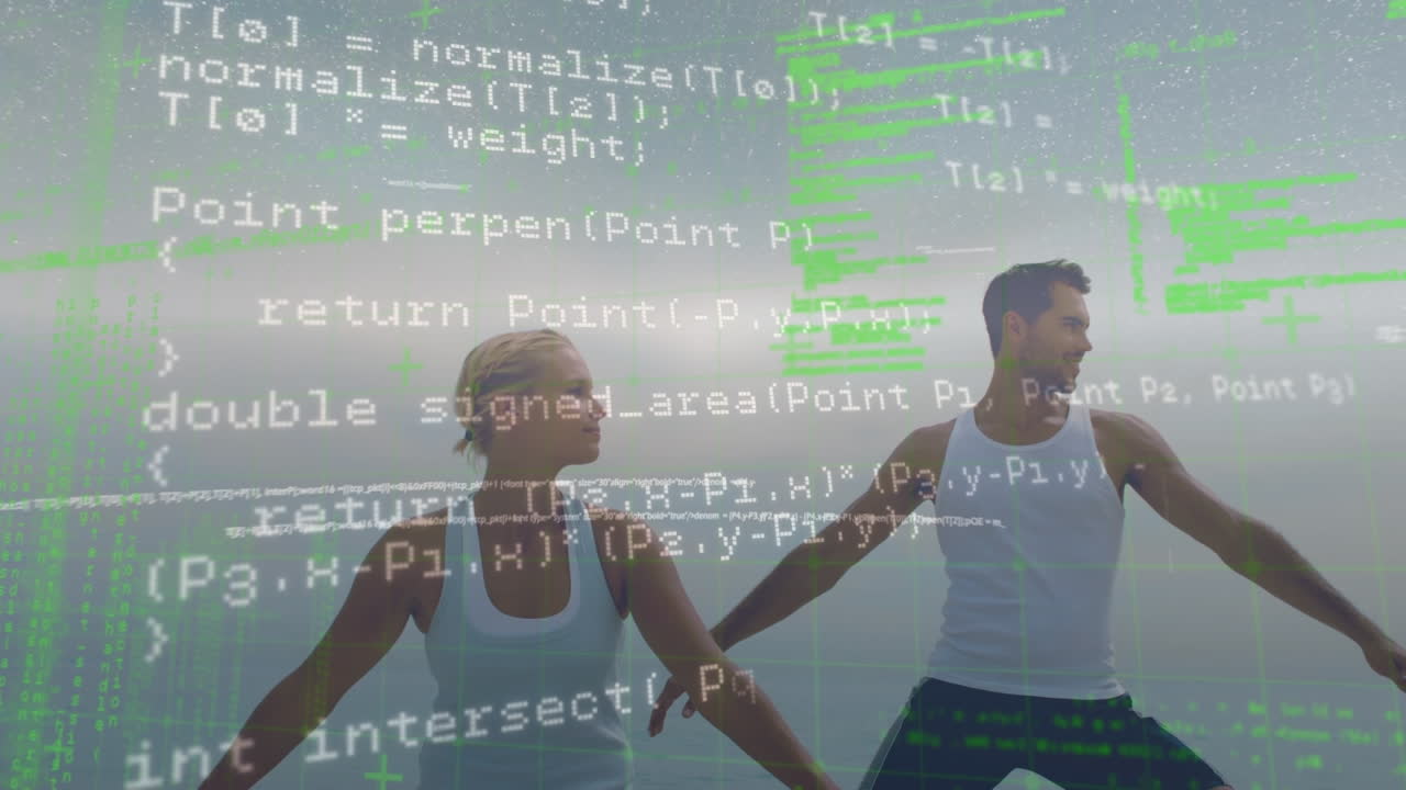 해변에서 운동하는 백인 커플에 대한 데이터 처리 애니메이션