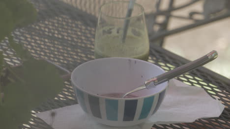 an empty bowl with a spoon and a smoothie sit on a patio table outside in the summer