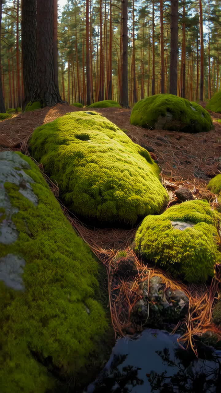 Forest Pond Reflection with Mossy Rocks