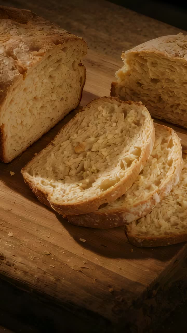 Vertical video: Shifting camera showing artisan loaf on board in kitchen, crumbs moving for styling