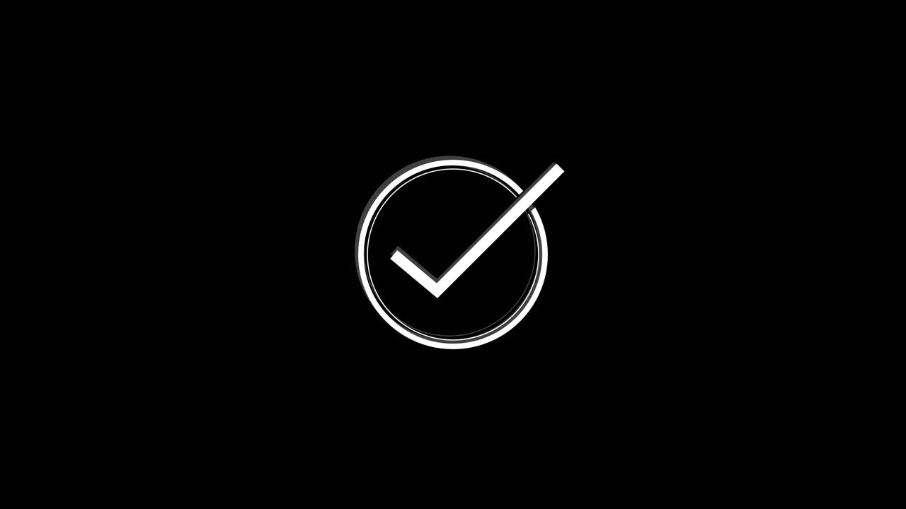 White tick mark enclosed by glowing circle over solid black background success approval confirmation