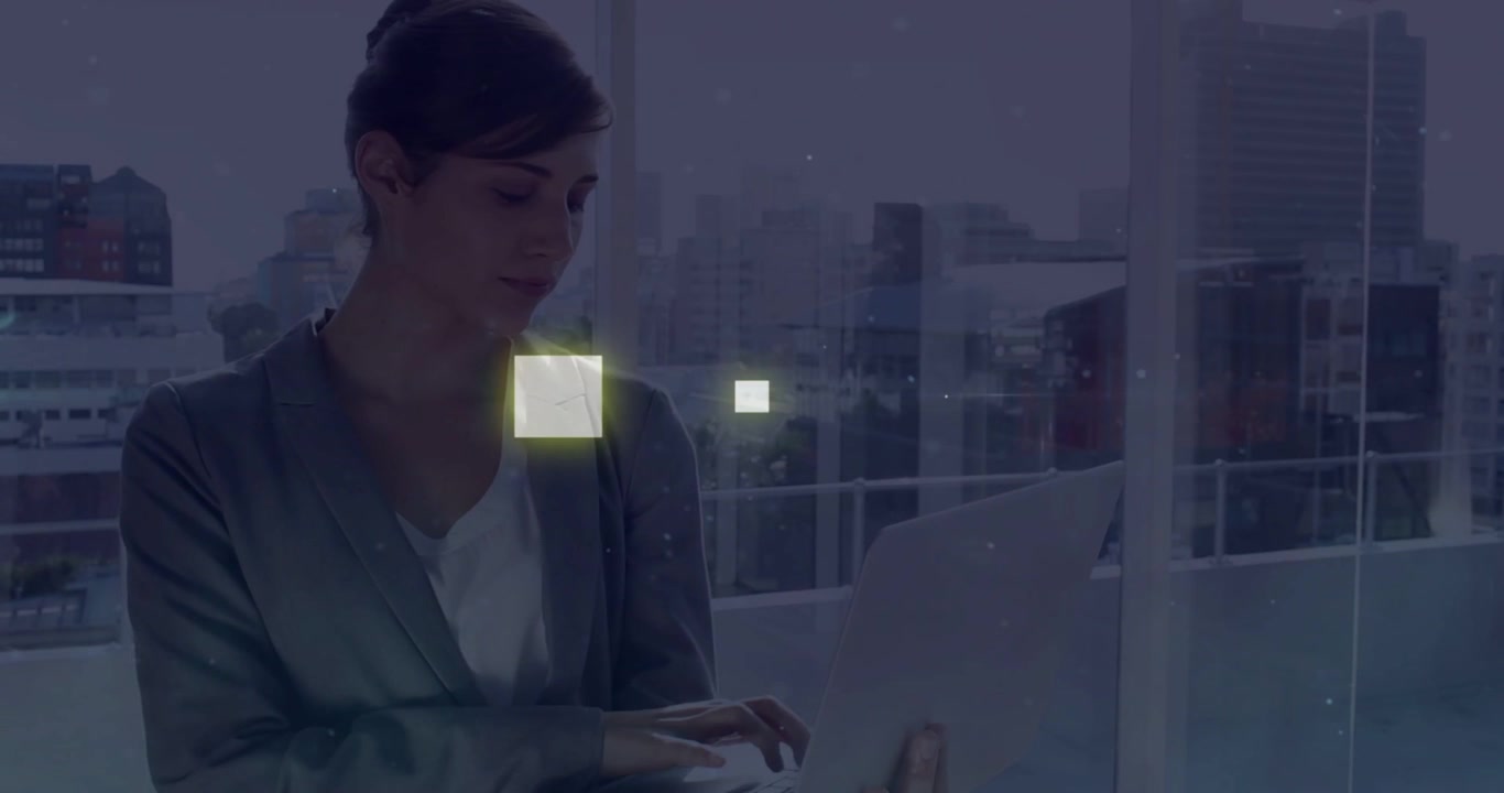 Woman business pro holding laptop typing, working, causing luminous UI squares brightening on glass