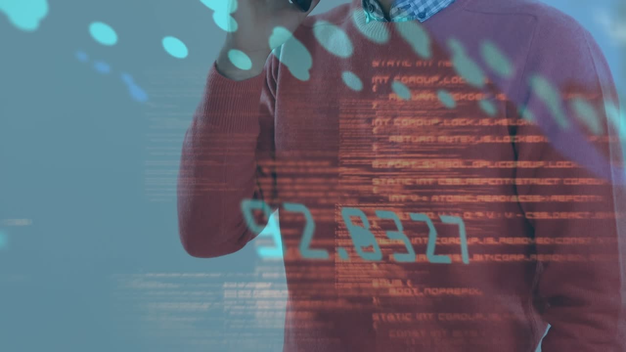 Animation of data processing over caucasian businessman talking on smartphone