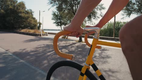 person riding a yellow bicycle on a coastal road