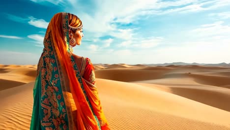 a woman in a colorful sari standing in the desert