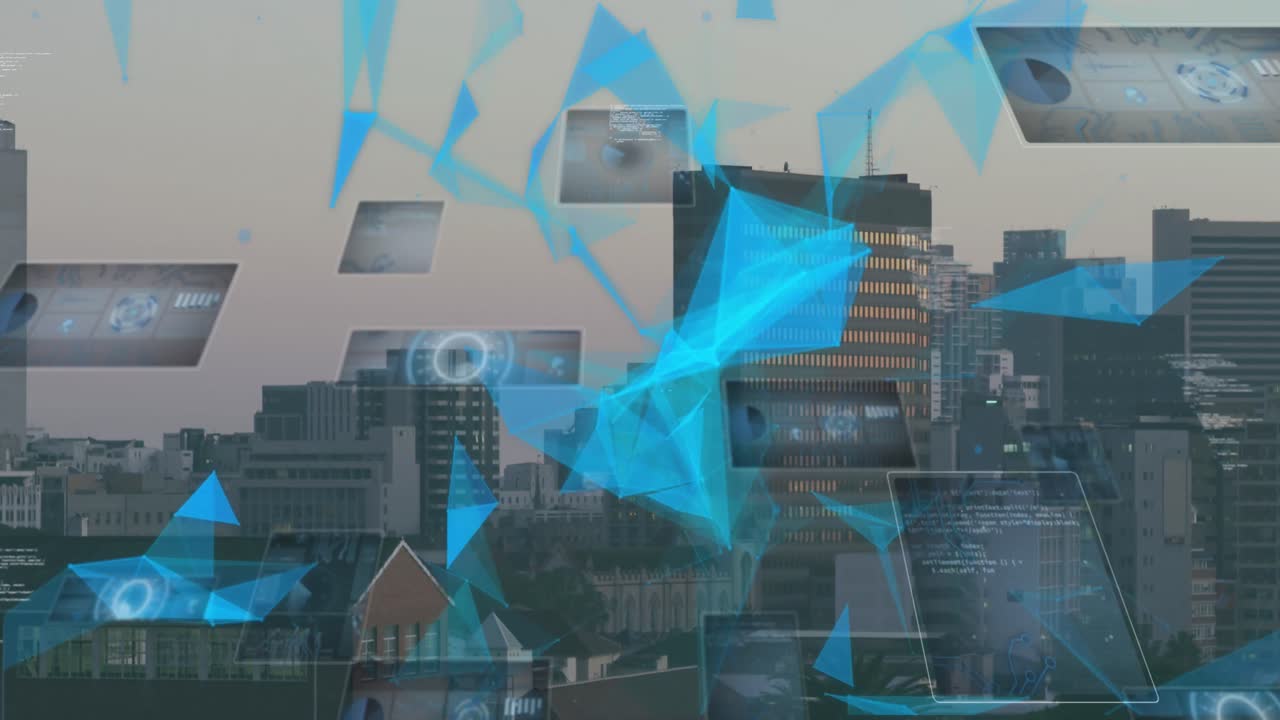 도시 풍경에 대한 연결 및 데이터 처리의 애니메이션