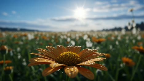 a stunning close-up of a dew-drenched flower bathed in sunlight, surrounded by a lush field of vibrant blooms under a clear blue sky