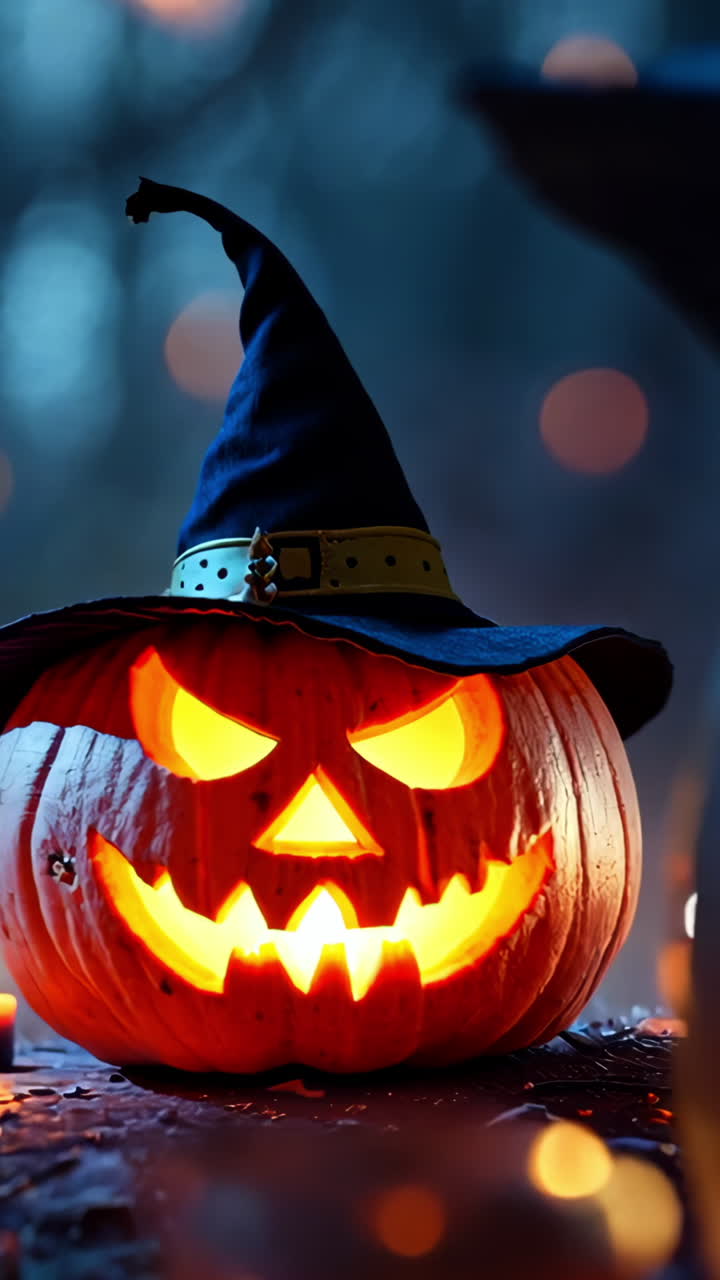 A pumpkin with a witch's hat on top of it. The pumpkin is lit up with a light inside of it
