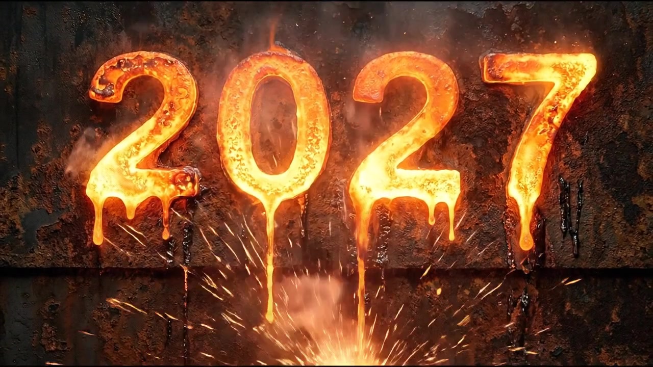 Metallo fuso incandescente che forma l'anno 2027