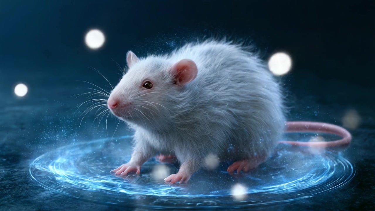 Un viaggio magico di un topo bianco circondato da incantevoli gocce d'acqua, che cattura la meraviglia della natura attraverso la sua curiosa esplorazione.