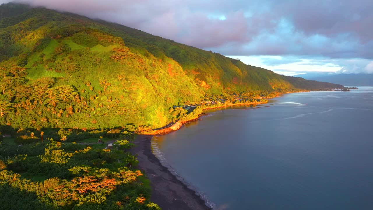 Aerial View of Tropical Coastline at Sunset