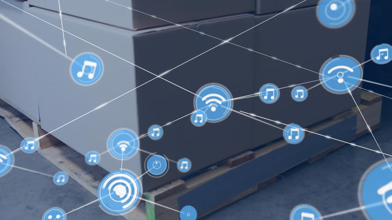 animación de la red de conexiones con iconos sobre el almacén