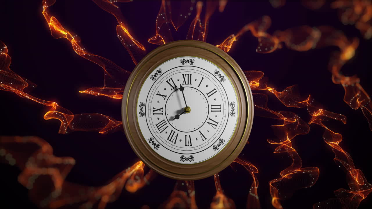 검은색 배경에 있는 빛의 흔적 위에서 시계가 뛰는 애니메이션