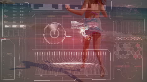animación de datos en una pantalla digital sobre una mujer caucásica corriendo en la playa
