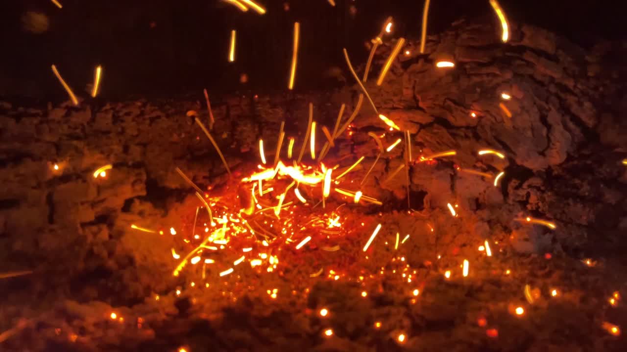 타는 나무, 정적 샷, 불씨가 빛나고 화재가 진행됨에 따라 강도가 증가함