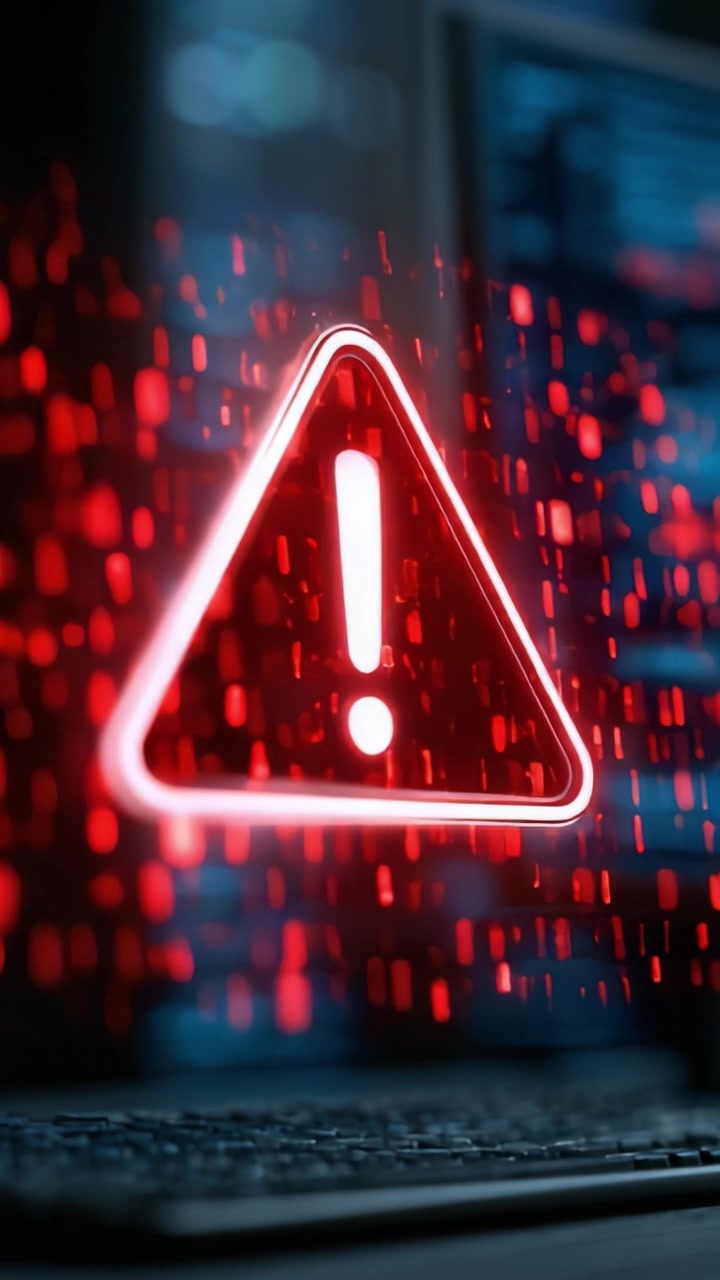 A Striking Warning Icon Illuminates a Digital Environment, Signifying Urgency and Alertness Amidst a Sea of Multicolored Code Patterns
