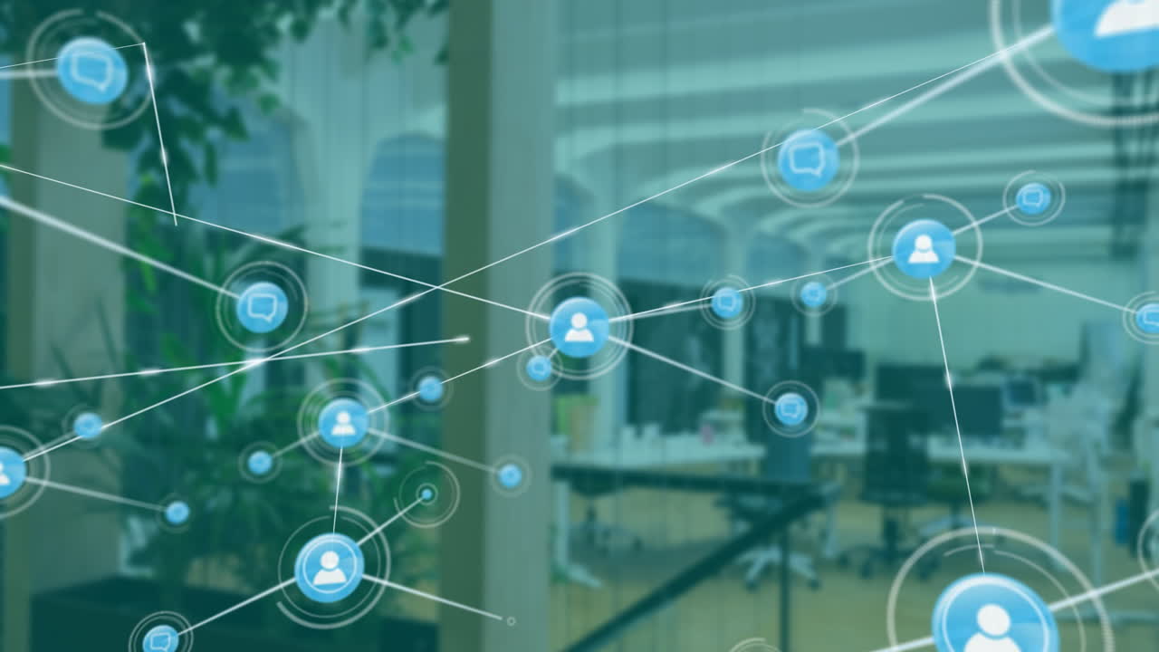 Network of connections and data processing animation over modern office environment