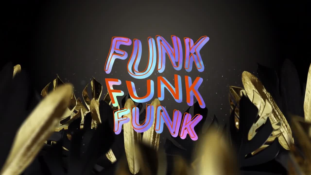 Animation of funk texts in repetition over leaves on black background