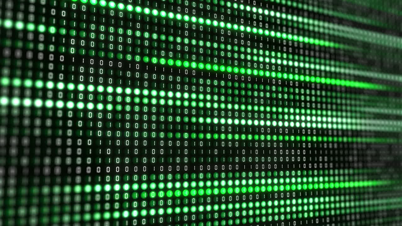Green round pixels of electronic display with changing software binary code. Colored glowing lines on the screen. Digital abstract looped background.