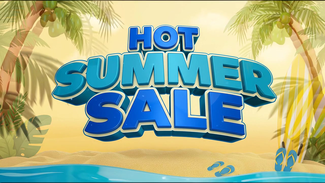 Stort Sommerudsalg Kampagnebanner Animation med Metallisk Blå Typografi på Tropisk Strandbaggrund