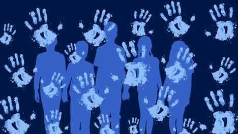 Animation-of-handprints-and-silhouettes-of-children-on-blue-background