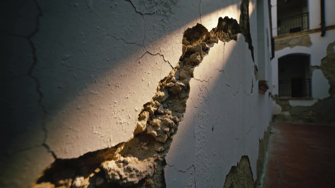 Telecamera che si allontana, seguendo il cortile, mostrando intonaco screpolato e tegole rosse illuminate dal sole.