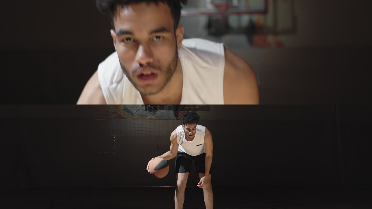 Split Screen of Man Dribbling Basketball