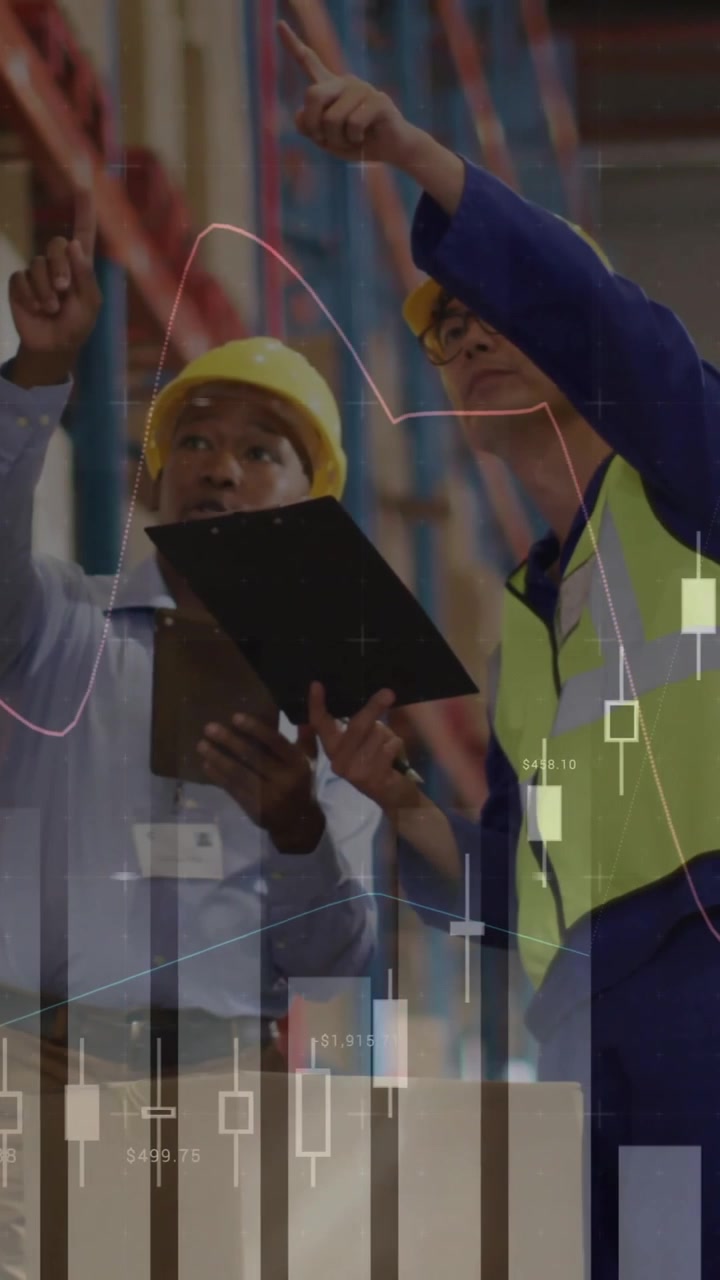 Animation of statistic charts over diverse male workers in warehouse