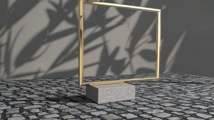 Mockup di cornice dorata su piedistallo di marmo
