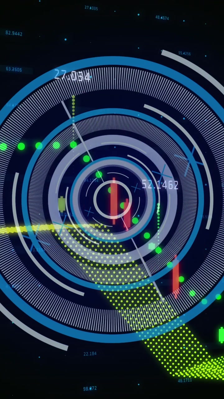 Animation of neon round scanner spinning over financial data processing against black background