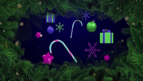animación de estrellas sobre abeto y decoraciones navideñas sobre fondo negro.