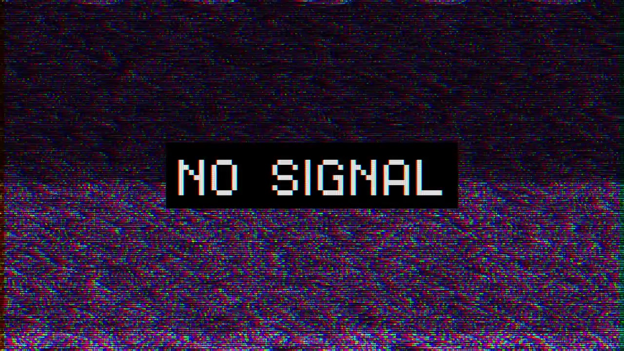 Retro signal loss screen visual with distorted static noise blocky text and old television