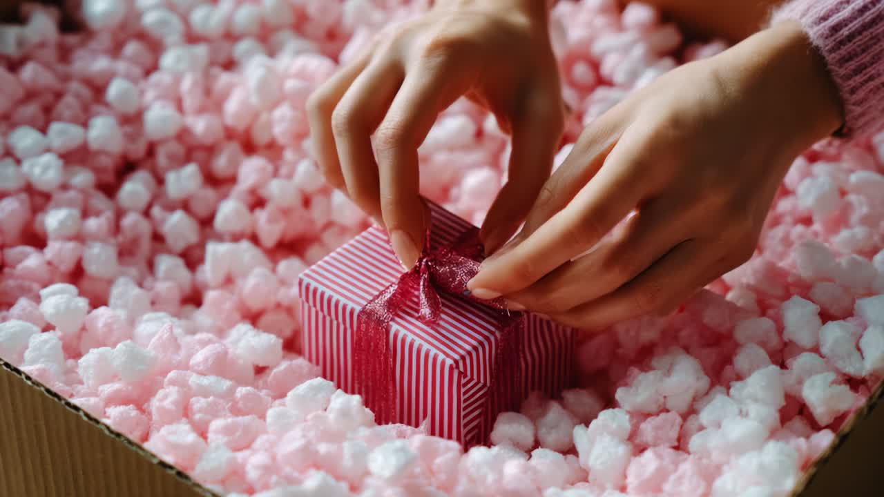 A Delicate Gift Unwrapped: Capturing the Elegance of a Beautifully Decorated Box Surrounded by Soft Pink Packing Material, Perfect for Special Occasions and Surprises