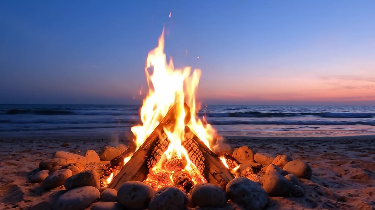 Una serata serena in spiaggia: Catturando il calore di un falò e la bellezza del tramonto su acque calme.