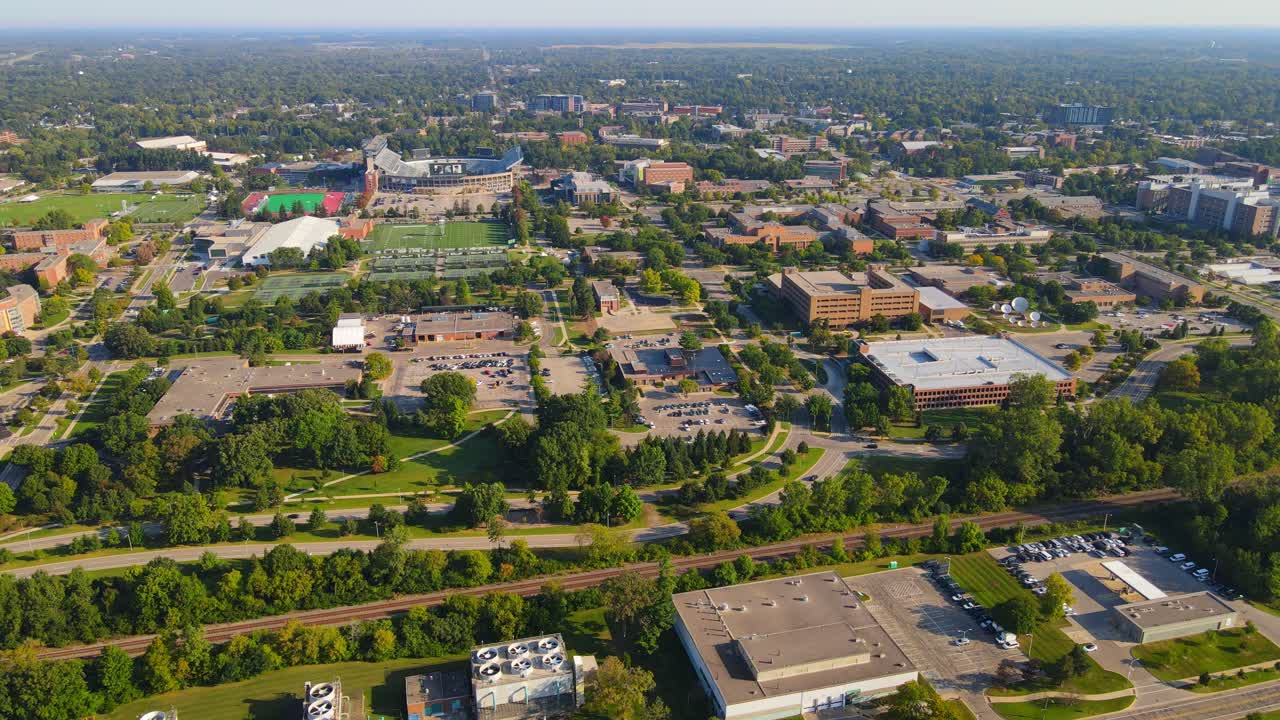 Michigan State University campus, high angle drone view