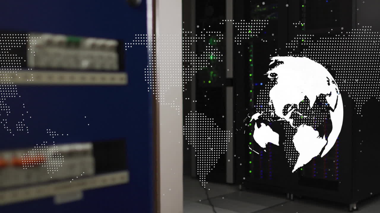 animación del mapa del mundo sobre racks de servidores en el centro de datos
