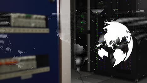 world map animation over server racks in data center