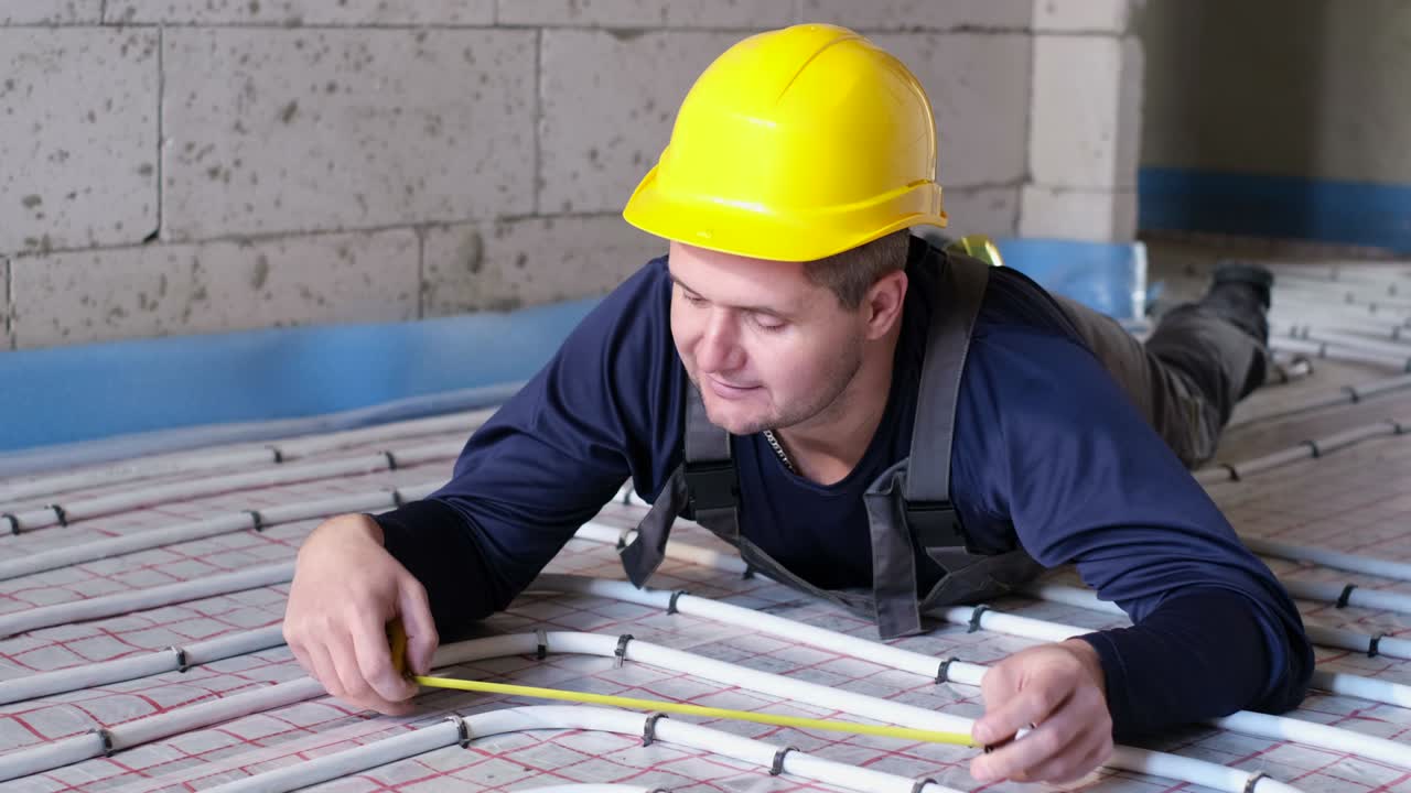 el fontanero mide el tamaño de la tubería. instalación de calefacción de agua.