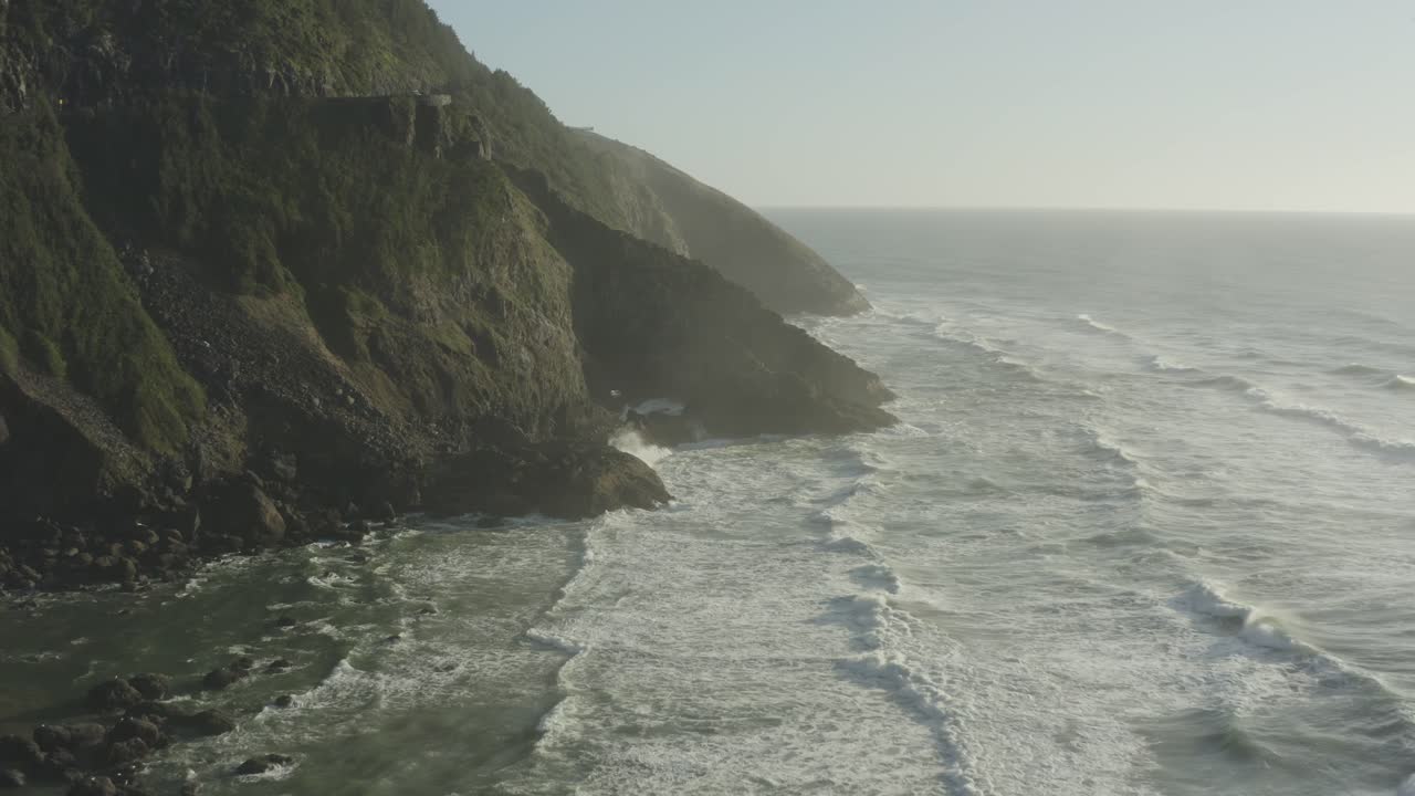 Aerial of rocky cliffs on the Oregon coast