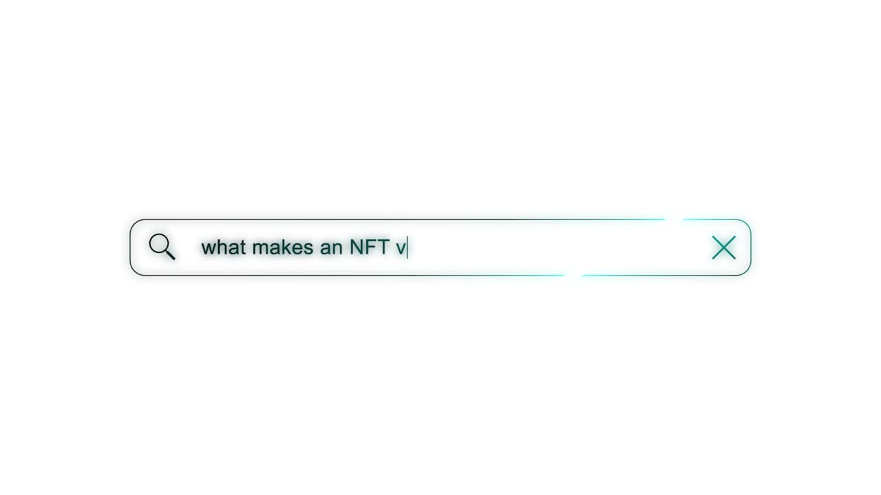 Search bar typing question - What makes an NFT valuable? on a White Background. NFTs are valuable because they verify the authenticity of a non-fungible asset. Future Technology. 4K