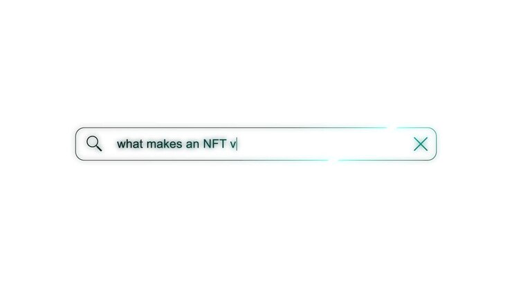 Search bar typing question - What makes an NFT valuable? on a White Background. NFTs are valuable because they verify the authenticity of a non-fungible asset. Future Technology. 4K