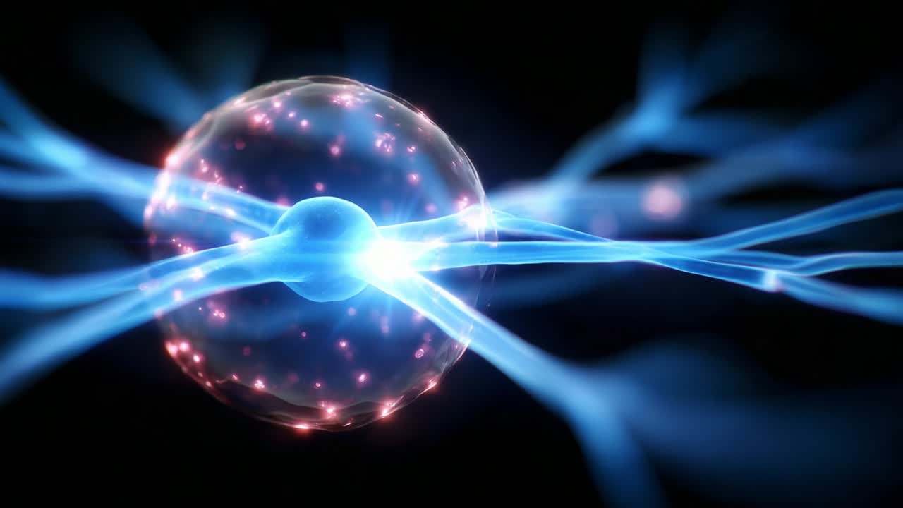 A stunning visual representation of an energy sphere surrounded by flowing electric currents, showcasing the dynamic interactions of particles and energy transmission in a captivating and intricate manner