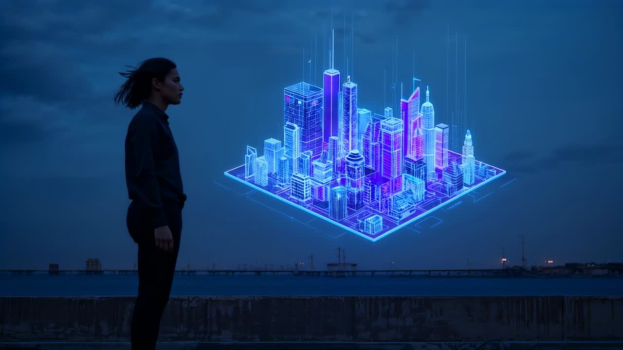 Watching woman in dark jacket, boots studying hologram emerging on rooftop wall at dusk, copy space