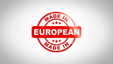 hecho en europeo firmado estampado texto animación de sello de madera. tinta roja en papel blanco limpio fondo de superficie con fondo matte verde incluido.