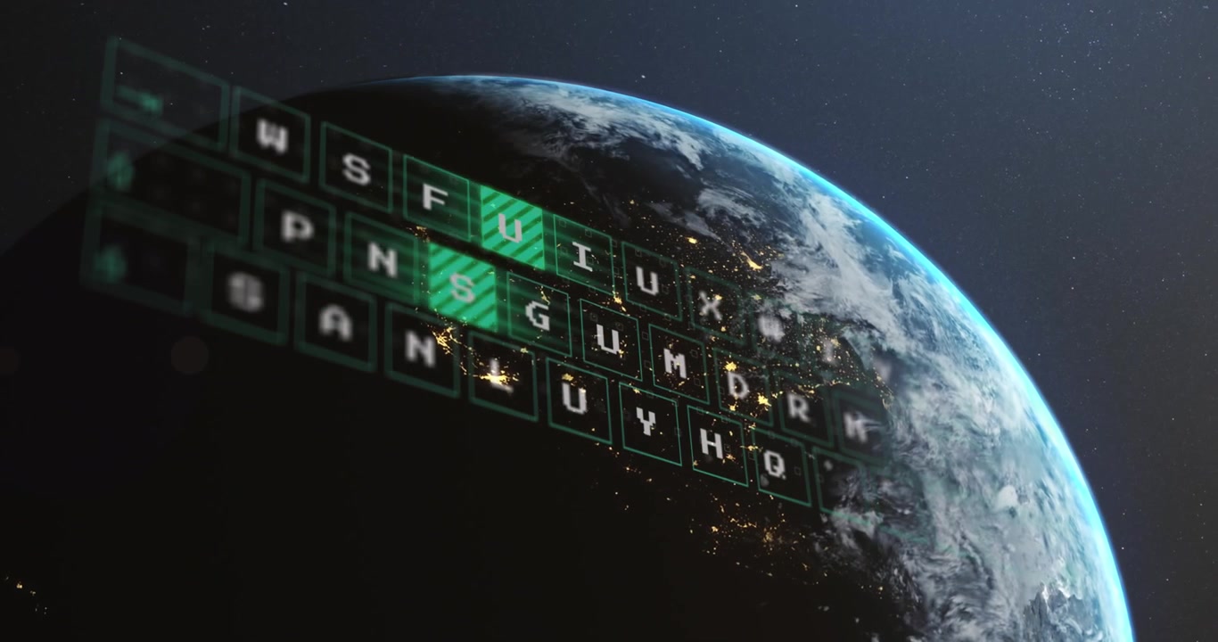 Animation of illuminated pattern moving on letters of keyboard, globe against abstract background